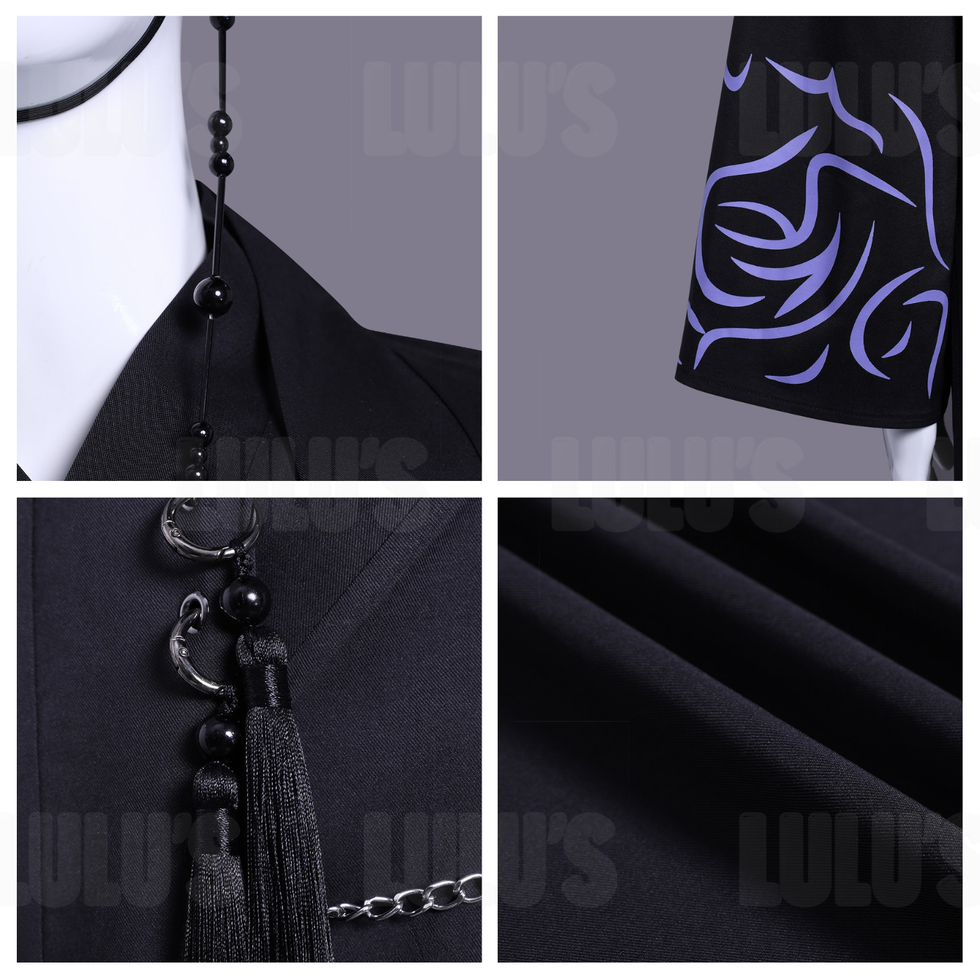 Detailed closeup of hat string beads fabric texture and silver chain accessories from Jinu costume