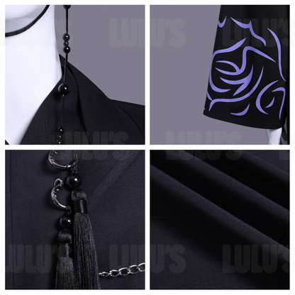 Detailed closeup of hat string beads fabric texture and silver chain accessories from Jinu costume