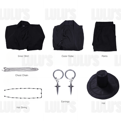 Flatlay Detailed closeup of hat string beads fabric texture and silver chain accessories from Jinu costume