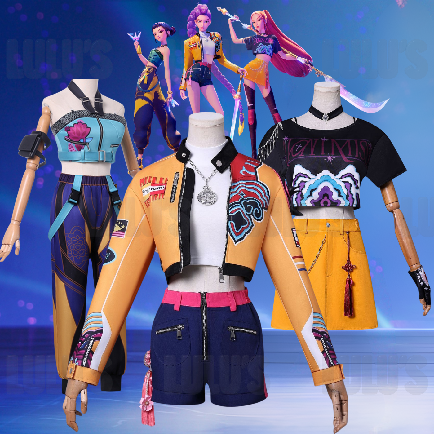 Full K-Pop Demon Hunters cosplay costume collection featuring Zoe, Rumi, and Mira outfits. Displayed on mannequins with matching accessories, alongside animated character artwork from the film.