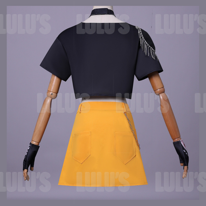 Back mannequin view of Mira cosplay costume from K-Pop Demon Hunters showing black crop top with shoulder detail and yellow skirt with chain belt.