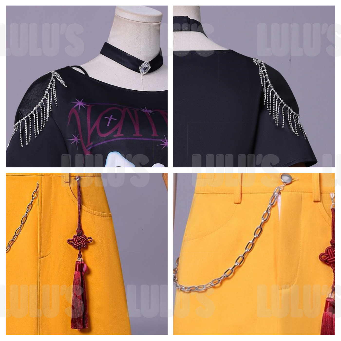 Close-up collage of K-Pop Demon Hunters Mira cosplay costume showing black graphic crop top with shoulder chain detail, yellow skirt with red tassel charm, and silver chain belt.