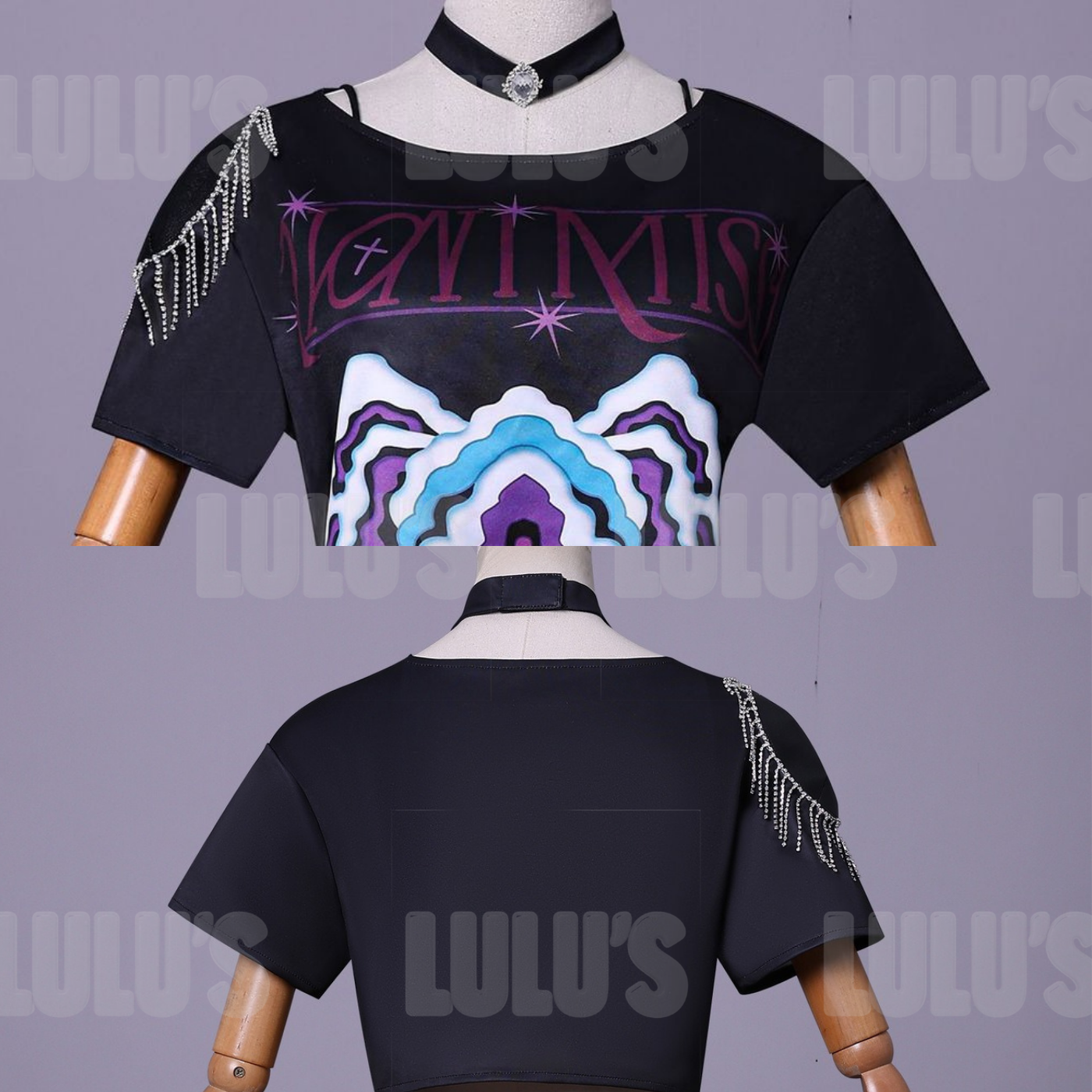 Front and back mannequin view of Mira cosplay top from K-Pop Demon Hunters featuring black short-sleeve crop top with printed design, shoulder chain detail, and matching choker.