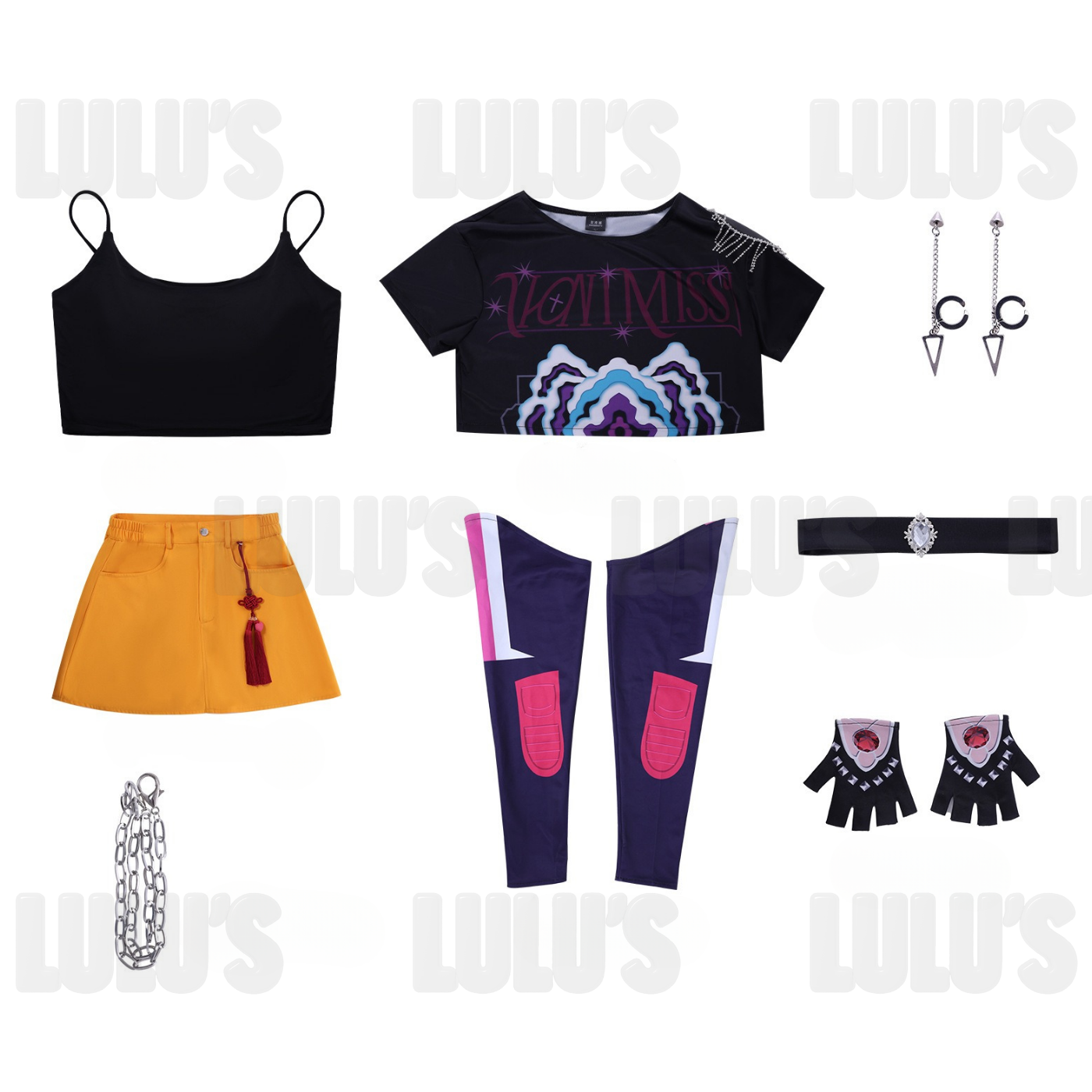Complete K-Pop Demon Hunters Mira cosplay costume set including black crop top, graphic T-shirt, yellow skirt with tassel, purple leggings, gloves, chain belt, earrings, and choker accessory.
