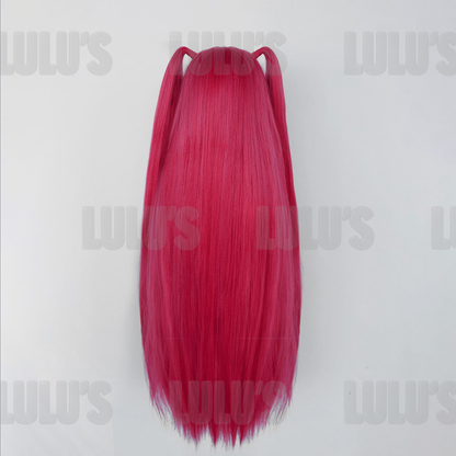 Back view of Mira cosplay red wig showing twin tails with smooth layered hair texture for accurate anime look.