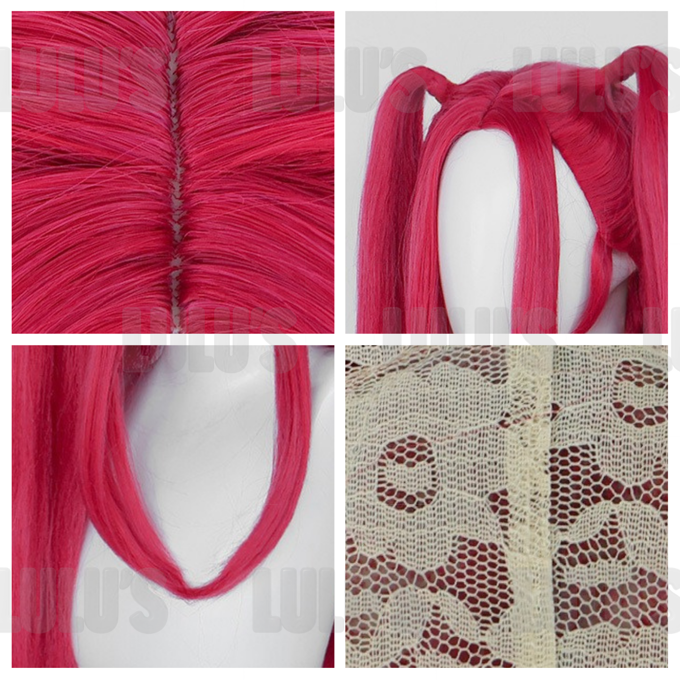 Alt Text: Close-up collage of Mira cosplay red wig for K-Pop Demon Hunters showing realistic scalp parting, twin-tail front styling, long face-framing strands, and interior lace cap construction.