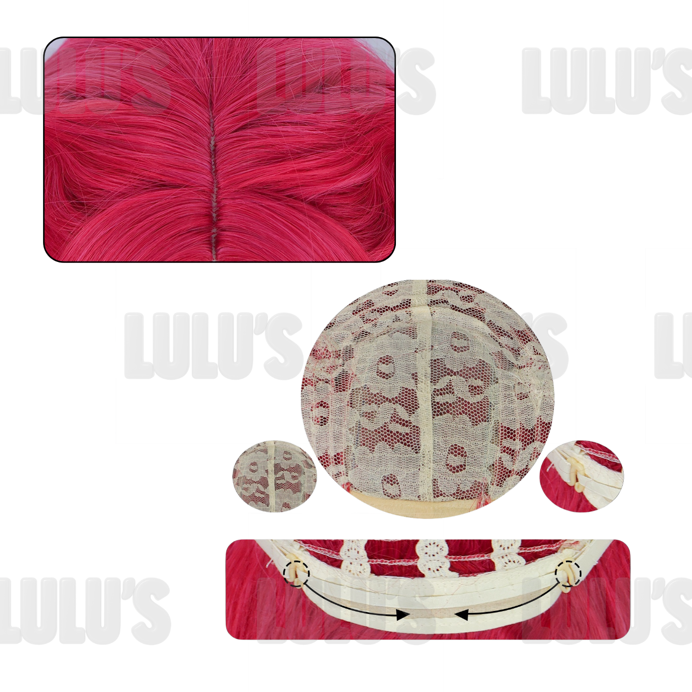 Close-up details of Mira cosplay red wig showing lace cap interior, adjustable straps, and realistic scalp parting.