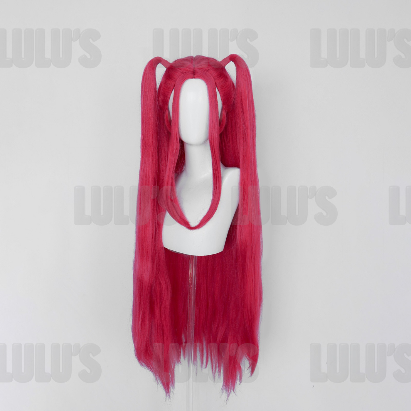 Long red twin-tail Mira cosplay wig styled for K-Pop Demon Hunters character, featuring straight bangs and layered side strands.