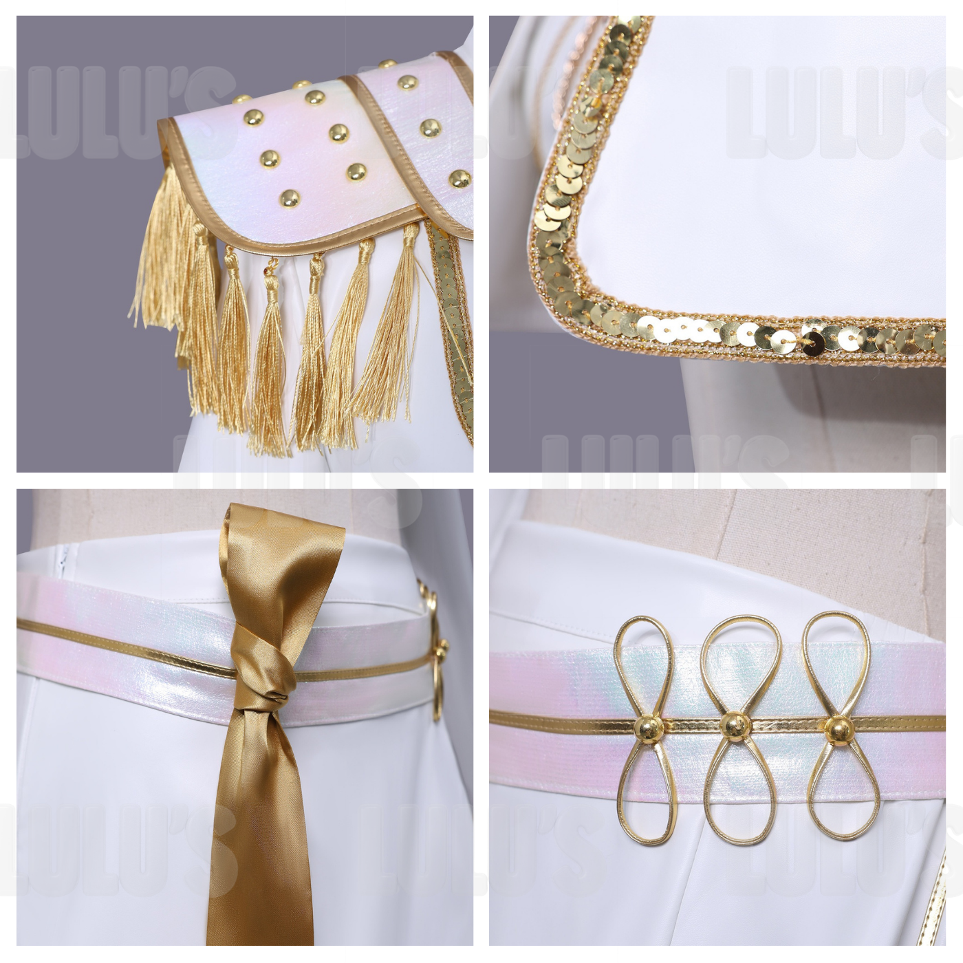 Collage of Mira White and Gold cosplay costume details including tassel shoulder plates, belt, and sash
