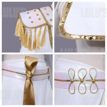 Collage of Mira White and Gold cosplay costume details including tassel shoulder plates, belt, and sash