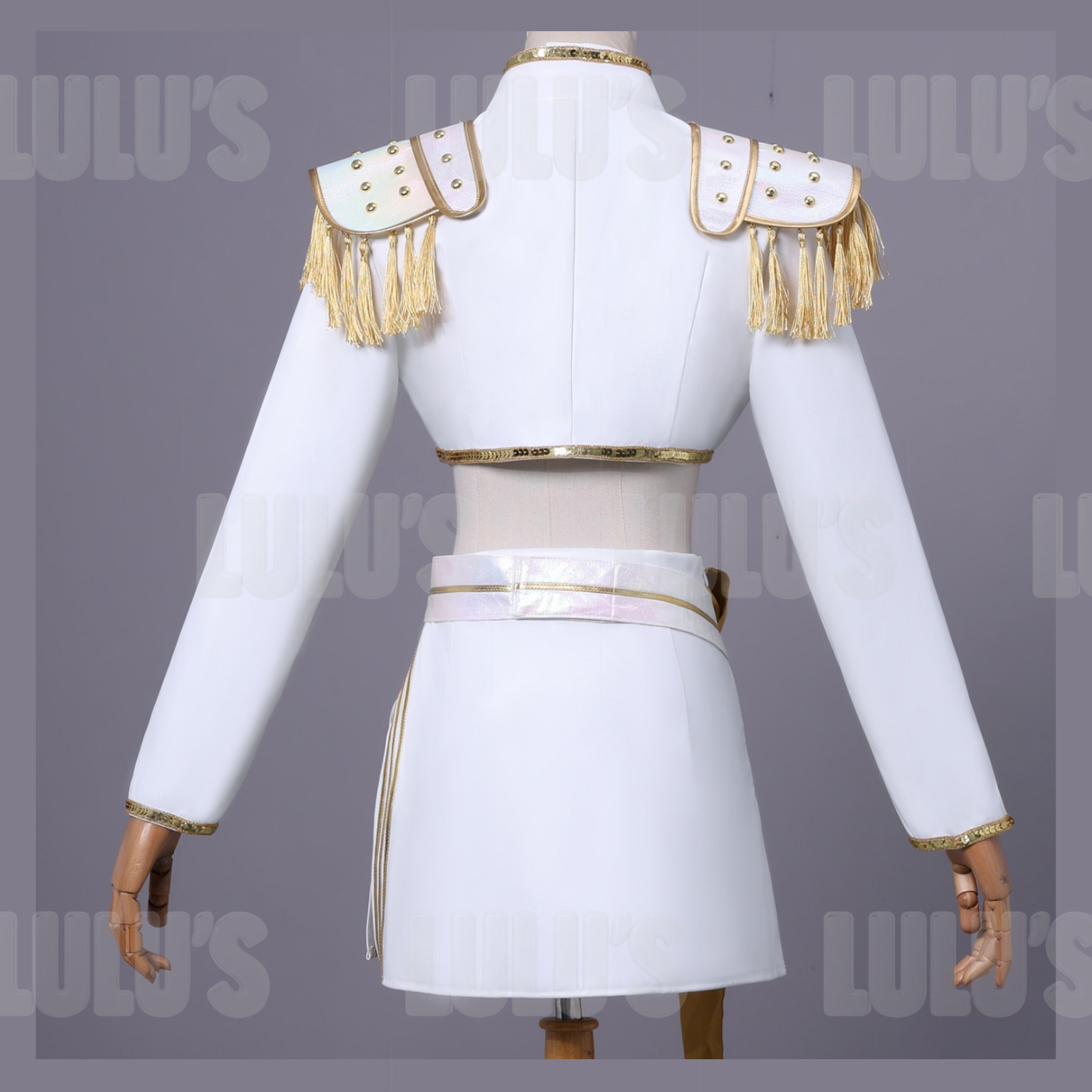 Back view of Mira White and Gold cosplay costume with long-sleeve cropped jacket and gold tassel shoulder plates