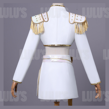 Back view of Mira White and Gold cosplay costume with long-sleeve cropped jacket and gold tassel shoulder plates