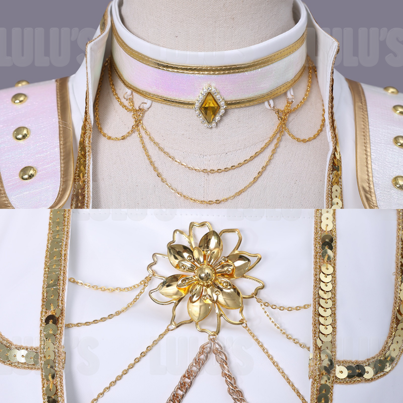 Close-up of Mira Golden cosplay choker necklace with gemstone detail and layered gold chains