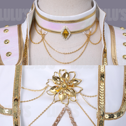 Close-up of Mira Golden cosplay choker necklace with gemstone detail and layered gold chains