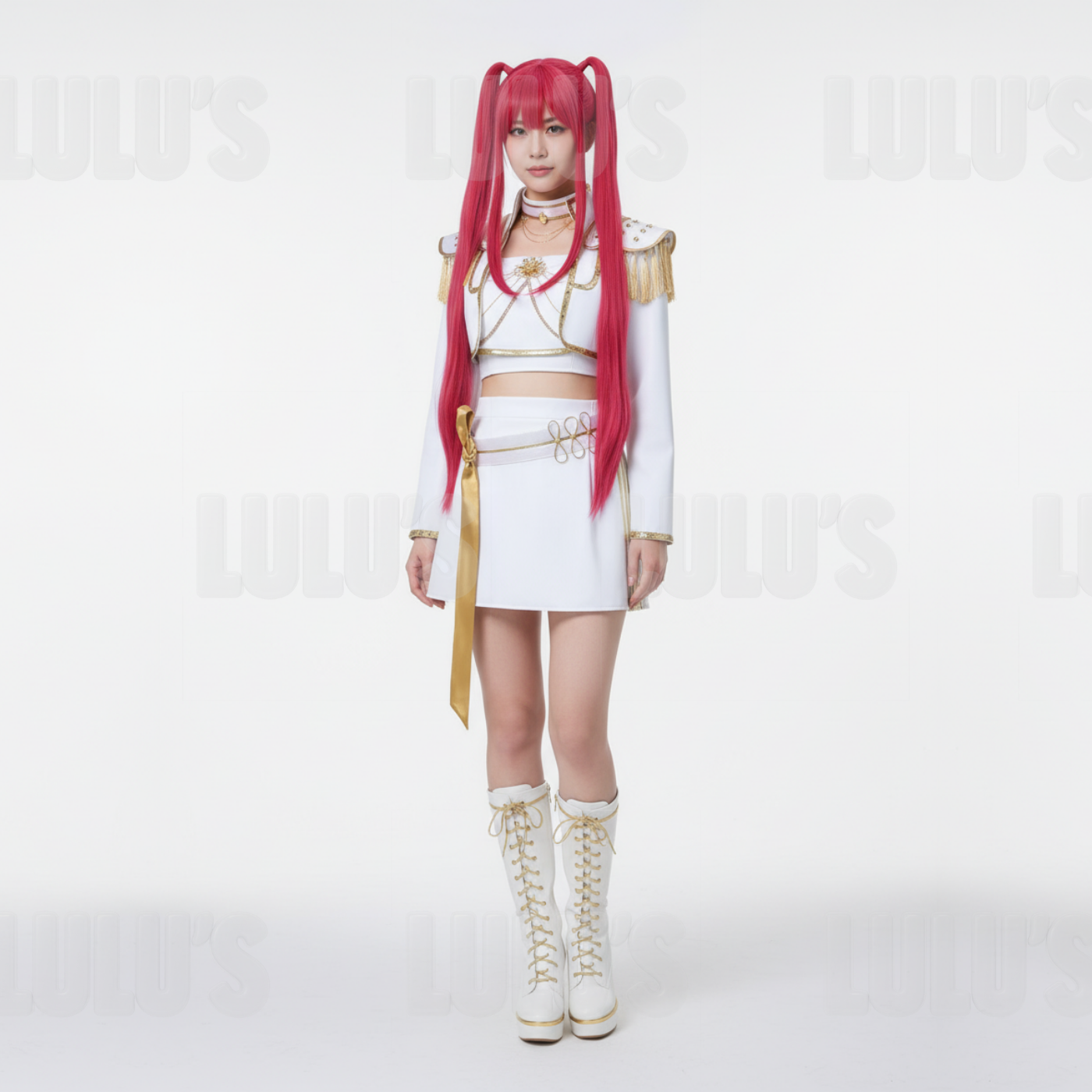 Full body model wearing Mira White cosplay costume with long-sleeve cropped jacket, skirt, gold sash, and accessories
