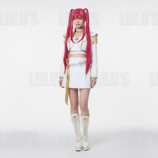 Full body model wearing Mira White cosplay costume with long-sleeve cropped jacket, skirt, gold sash, and accessories