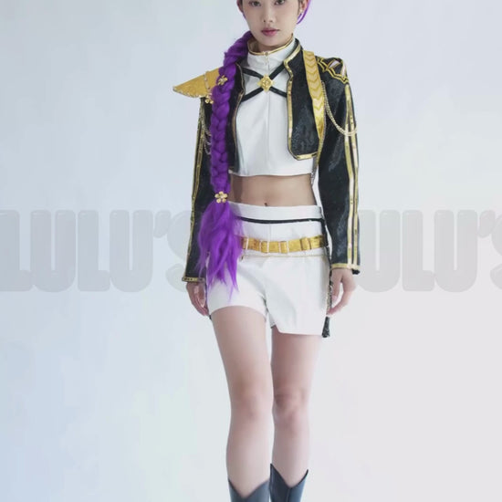 Front angled view video of Rumi K-pop Demon Hunters Golden cosplay model costume with sequin jacket, white skirt, and gold accessories