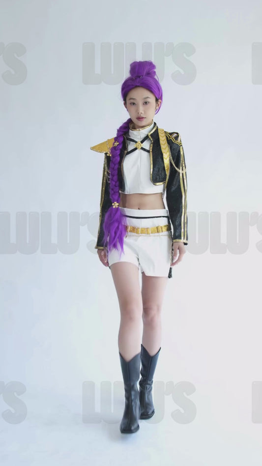 Front angled view video of Rumi K-pop Demon Hunters Golden cosplay model costume with sequin jacket, white skirt, and gold accessories