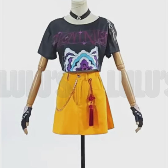 Video of K-Pop Demon Hunters Mira cosplay costume displayed on a doll mannequin, spinning to show full outfit with close-up of fabric details and accessories.