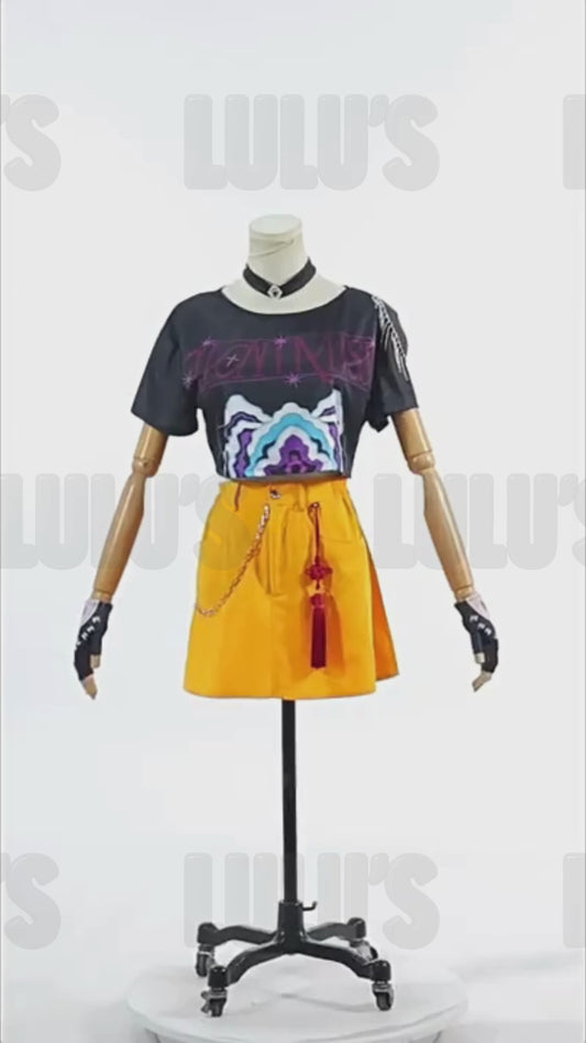 Video of K-Pop Demon Hunters Mira cosplay costume displayed on a doll mannequin, spinning to show full outfit with close-up of fabric details and accessories.