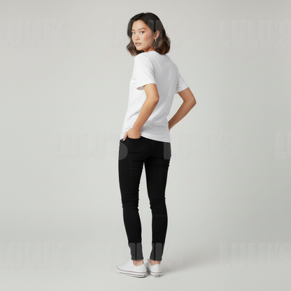 Back view of a female model wearing the white Rujinu T shirt showing plain back and casual fit.
