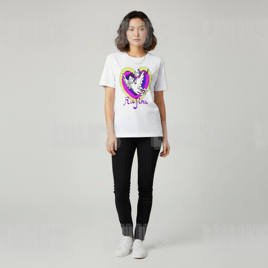 Front view of female model wearing the white Rujinu T shirt styled with skinny black jeans and trainers.