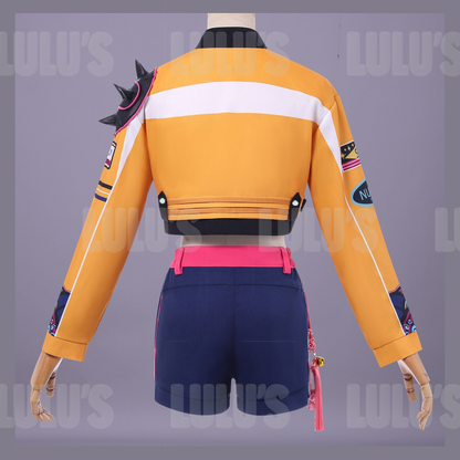 Back mannequin view of Rumi cosplay costume from Netflix K-Pop Demon Hunters showing orange jacket with black spikes and navy shorts with pink waistband.
