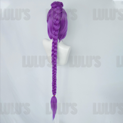 Back view of Rumi cosplay wig showing full-length purple braid extending down the back. High-quality synthetic fiber with natural shine.