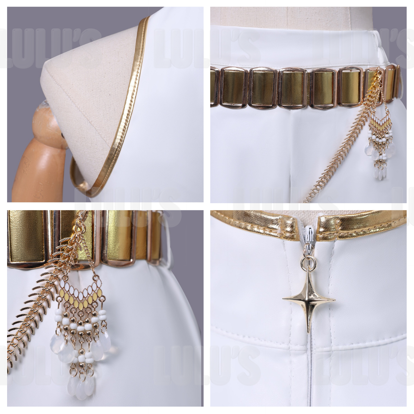 Detailed collage of Rumi White cosplay costume showing gold waist belt, tassel chains, and decorative jewelry