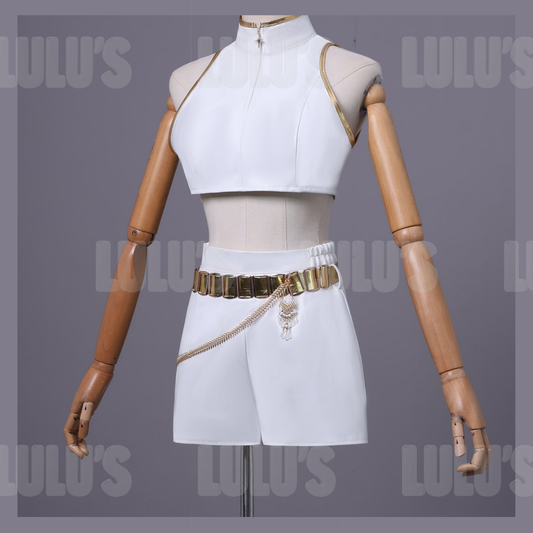 Front angled view of Rumi White cosplay costume on mannequin with top, shorts, and belt accessories