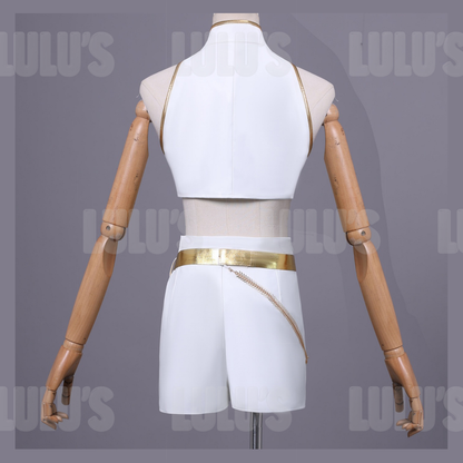 Back view of Rumi White cosplay costume showing cropped top, gold trim, and tailored shorts with belt chain