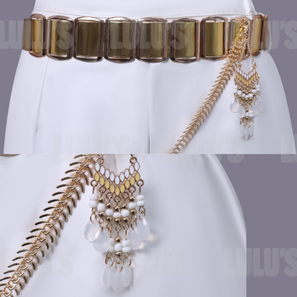 Close-up of Rumi White cosplay belt with layered chains and decorative beaded tassel