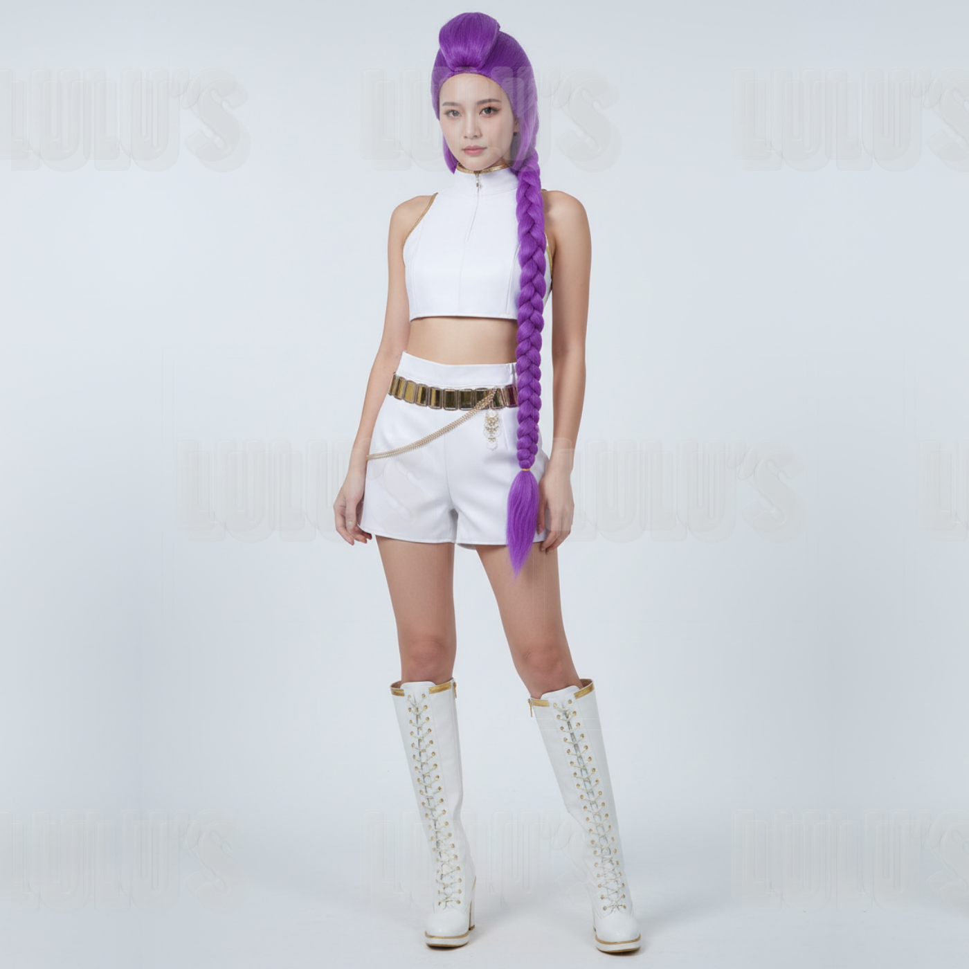 Full body model wearing Rumi White cosplay costume with cropped top, shorts, and gold accessories