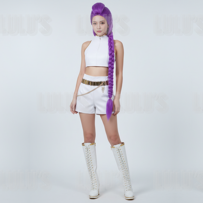 Full body model wearing Rumi White cosplay costume with cropped top, shorts, and gold accessories