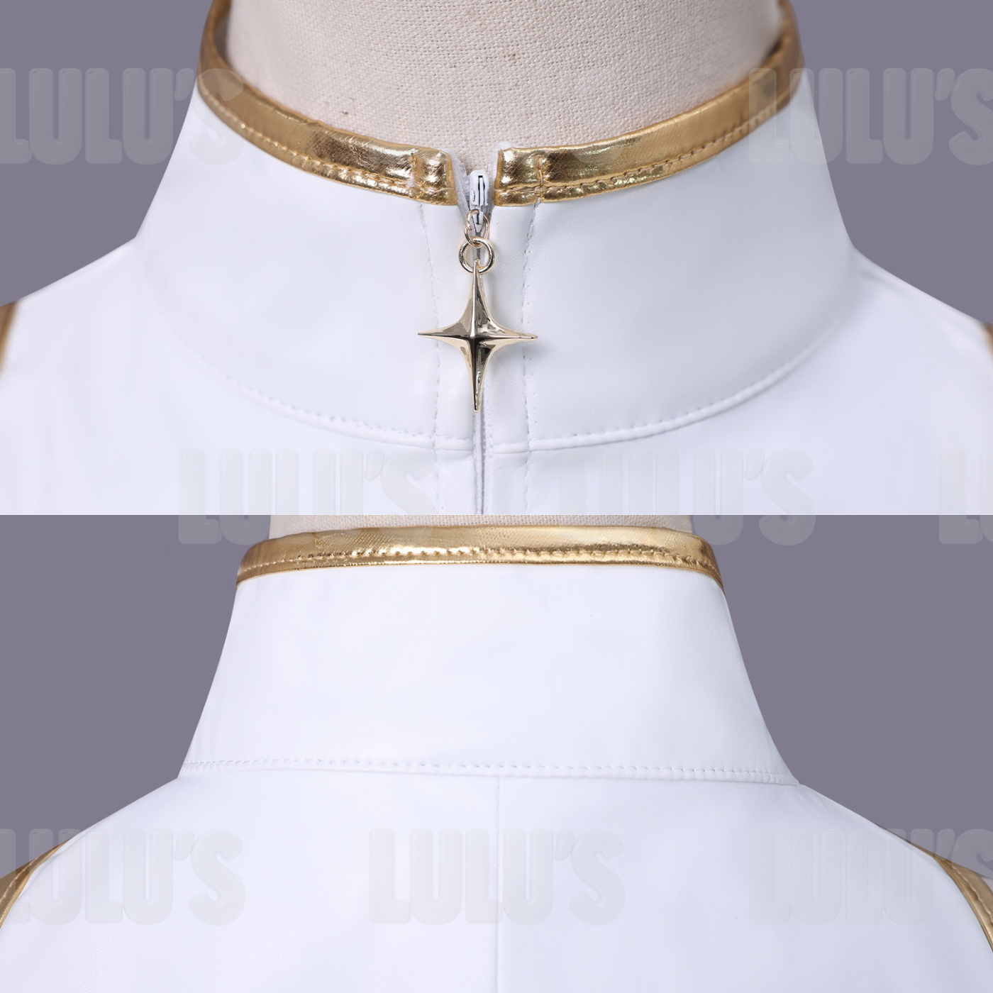 Close-up of Rumi White cosplay top collar with zipper and gold star pendant detail