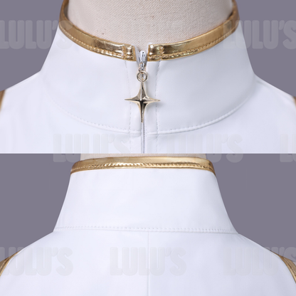 Close-up of Rumi White cosplay top collar with zipper and gold star pendant detail