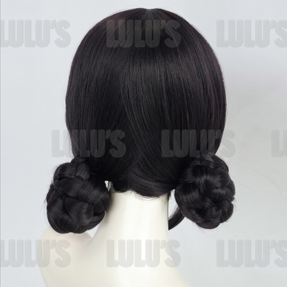 Back view of Zoe cosplay black wig with dual braided buns and smooth layered strands for accurate styling.