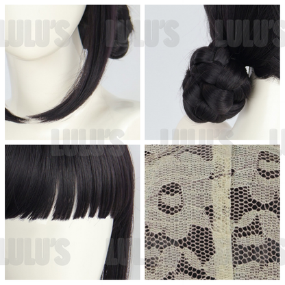 Multiple detail shots of Zoe cosplay wig highlighting fringe, braided buns, hairline, and lace cap construction.