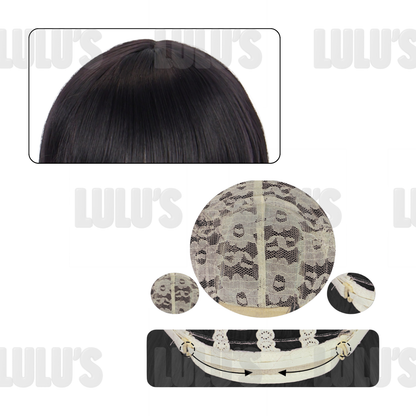 Interior lace structure and adjustable straps of Zoe cosplay black wig showing realistic scalp and hairline construction.