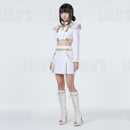Full body model wearing Zoe White Cosplay Costume Set including white jacket, skirt with gold accessories, and tall white lace-up boots for complete K-Pop stage look.
