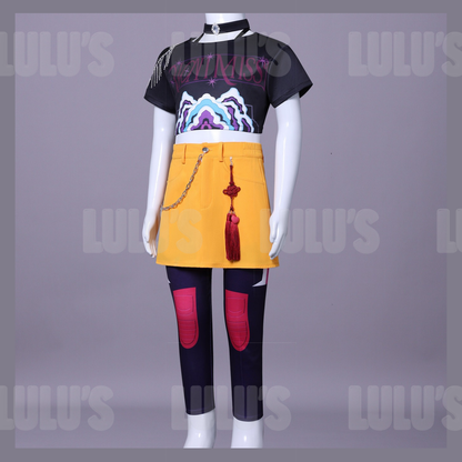 Angled view of Zoey kids cosplay costume displayed on mannequin, showing top, skirt, leggings, and chain accessories