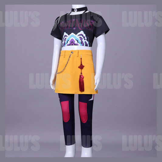 Angled view of Zoey kids cosplay costume displayed on mannequin, showing top, skirt, leggings, and chain accessories