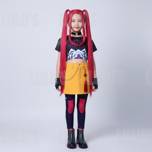 Child model wearing Zoey kids cosplay costume from K-Pop Demon Hunters, featuring black crop top, yellow skirt, purple leggings with red knee patches, and accessories.