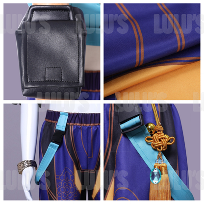 Detailed collage of Zoey kids cosplay outfit showing arm pouch, fabric texture, tassel ornament, and harness clips