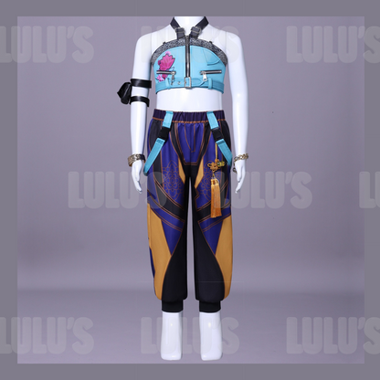 Front view of Zoey kids cosplay costume from K-pop Demon Hunters, featuring blue crop top with lotus design and detailed purple and gold pants