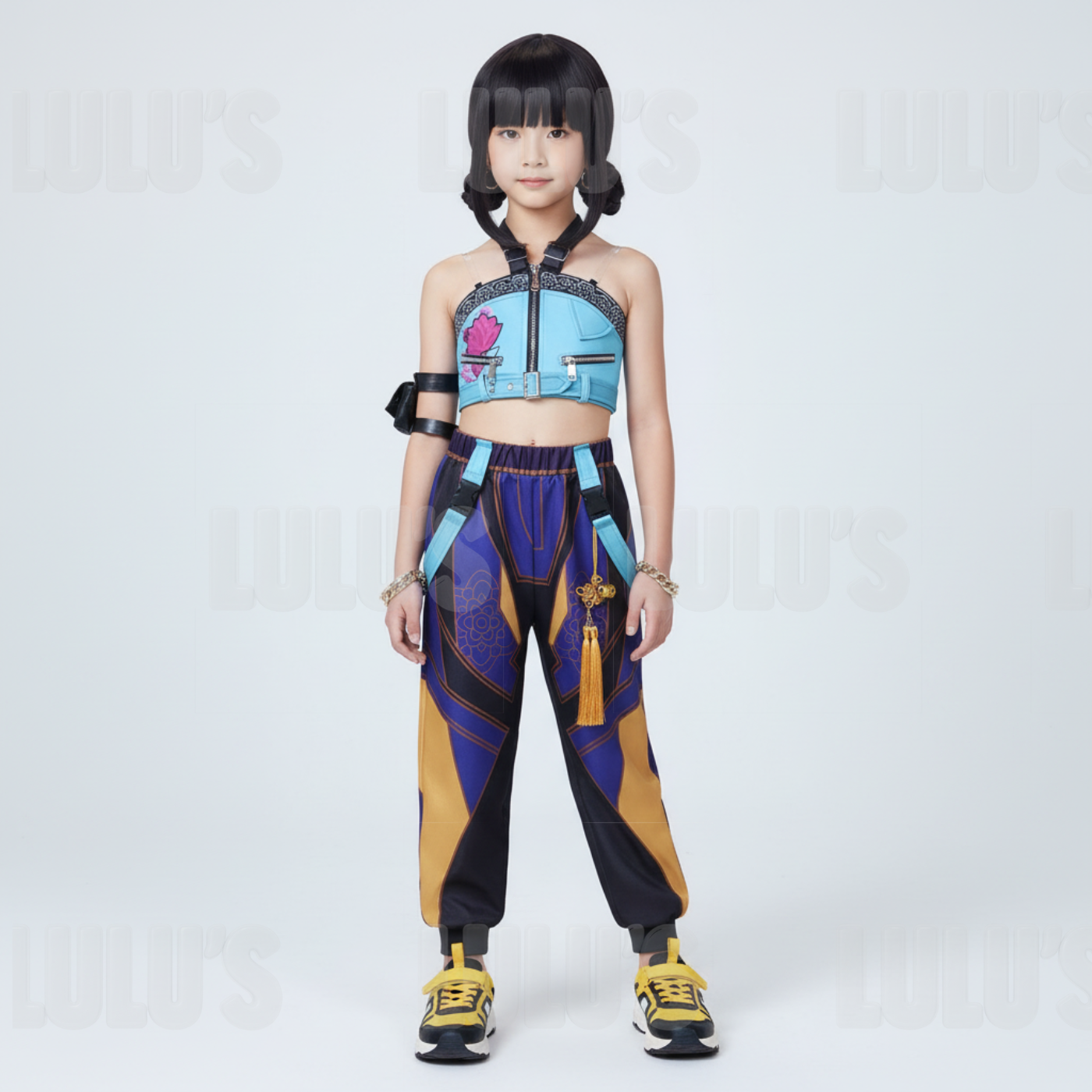 Full body model wearing Zoey kids cosplay costume from K-pop Demon Hunters with blue crop top, lotus print, and purple-gold pants