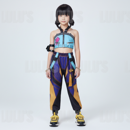 Full body model wearing Zoey kids cosplay costume from K-pop Demon Hunters with blue crop top, lotus print, and purple-gold pants
