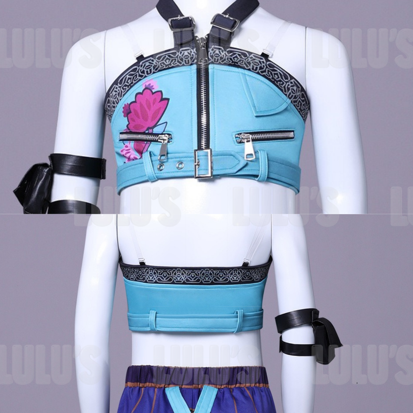 Close-up of Zoey cosplay costume kids top with lotus print, zippers, and harness strap details