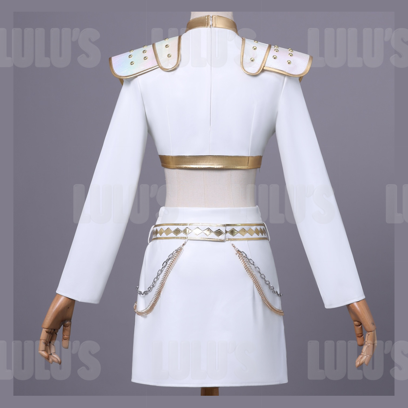 Back view of Zoey White Cosplay Costume Set showing fitted cropped jacket with metallic gold accents, decorative waist belt, and pleated skirt details.