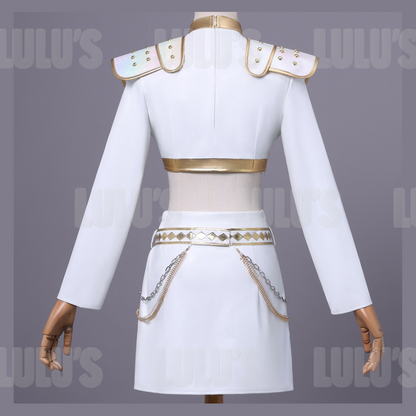 Back view of Zoey White Cosplay Costume Set showing fitted cropped jacket with metallic gold accents, decorative waist belt, and pleated skirt details.